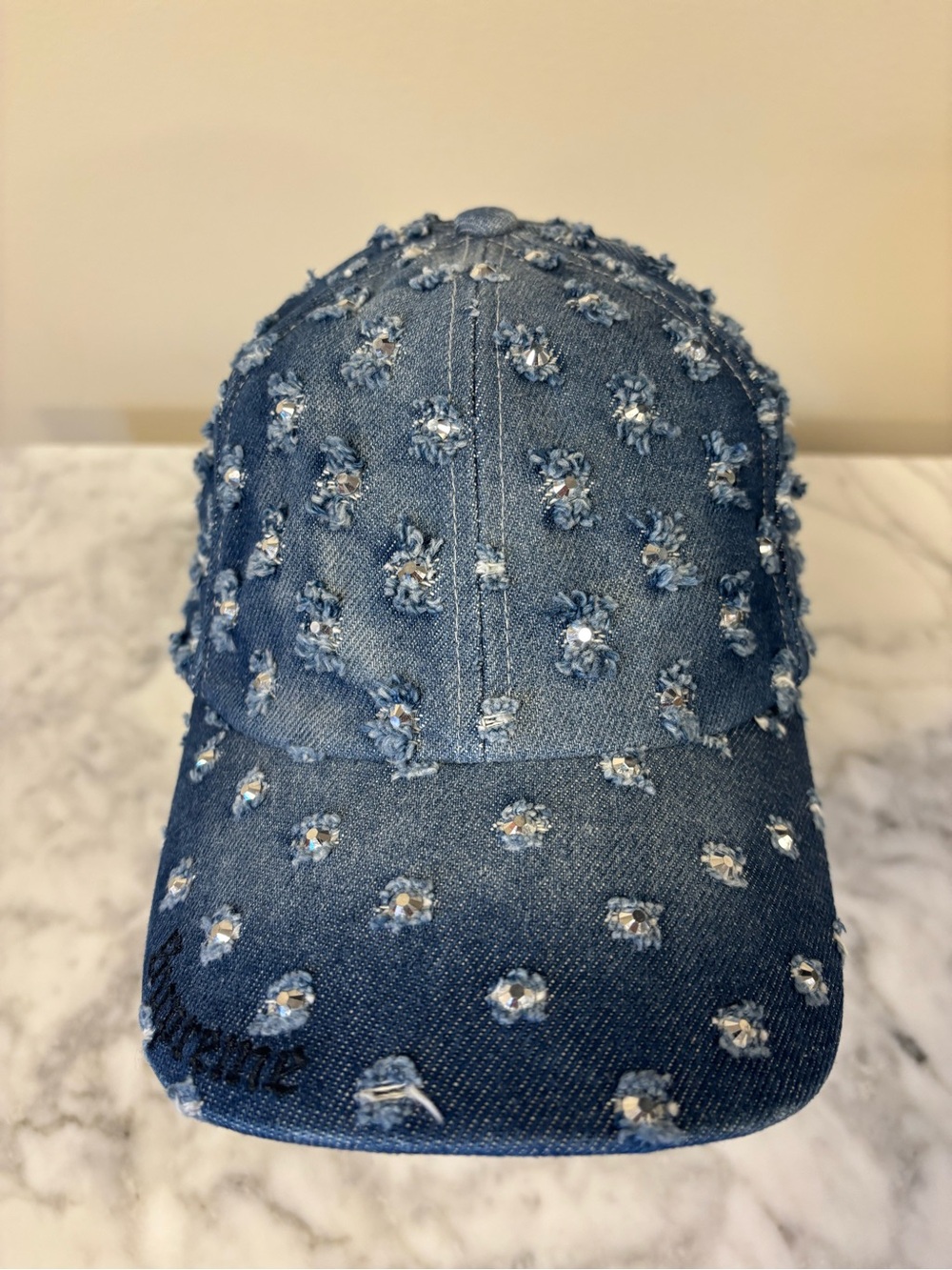 Supreme Distressed Denim Rhinestone Cap - Blue